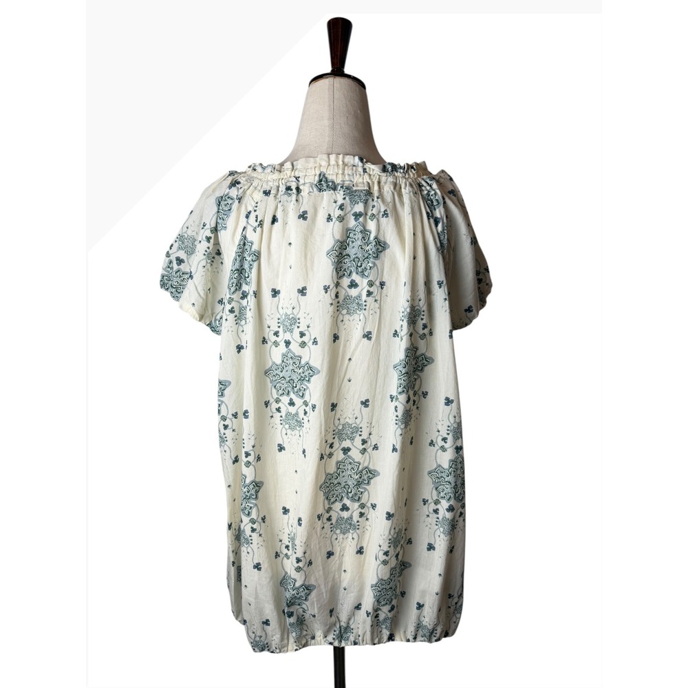 Patagonia Blouse Women XL Ivory Blue Organic Cotton Floral Puff Sleeve Boho - Picture 3 of 11